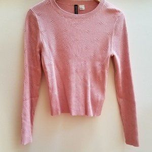 Pink Ribbed Cropped Long Sleeve Sweater